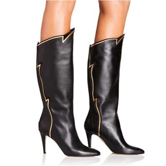 Tamara Mellon Black Gold Leather Nappa Wildfire Boots 90mm Heels 40.5 WORN ONCE - Picture 1 of 6